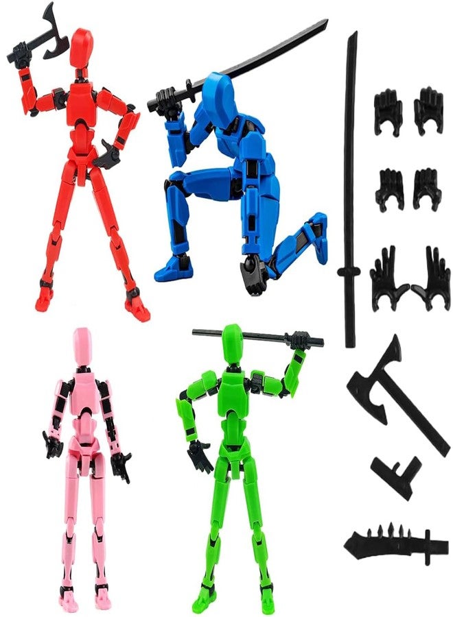 Ramoni 4 Pcs T13 Action Figure, 1/14 Scale, 3D Printed, Multi Articular, 30+ Joints, Red, Blue, Pink, Green - Image 1